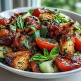 Colorful Italian Summer Panzanella salad featuring charred bread and ripe garden vegetables.