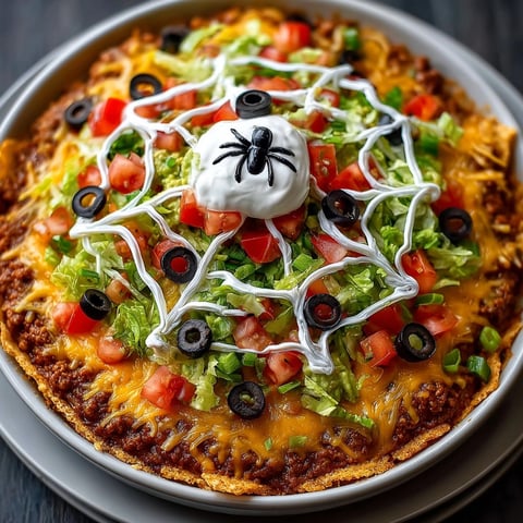 Layers of savory Spiderweb 7-Layer Taco Dip with a creamy, festive sour cream web.