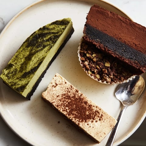 Decadent Global Dessert Mash-Ups featuring matcha-miso brownies and black sesame cheesecake.  