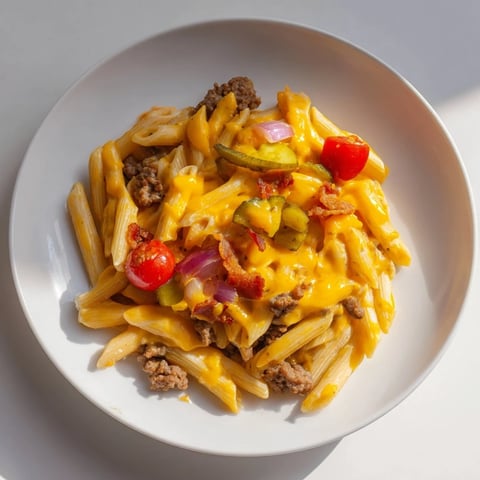 Bacon Cheeseburger Pasta Bake bubbling hot from the oven, with melted cheese and crispy bacon topping.