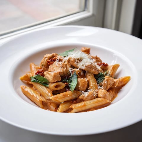 Creamy Tomato Basil Chicken Pasta: A close-up view of the rich, creamy sauce coating each pasta.