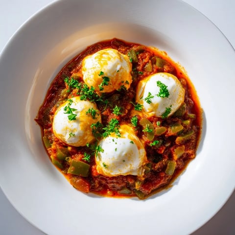 A beautiful skillet of Shakshuka, with perfectly poached eggs in a rich tomato sauce.