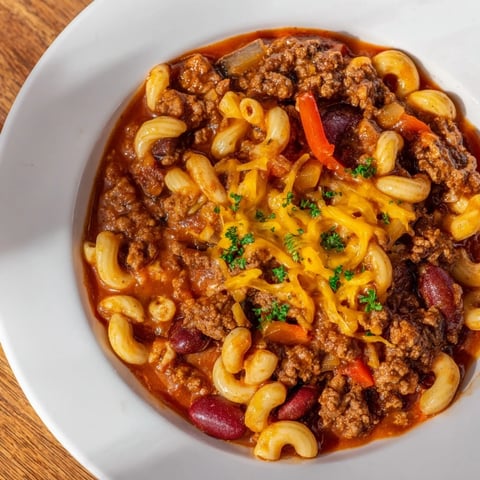 Cheeseburger Chili Mac Skillet overflowing with melted cheddar cheese, a hearty and flavorful one-pot meal.