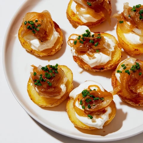 Golden, crispy Lightened French Onion Potato Bites topped with bubbly cheese and fragrant chives, perfect!