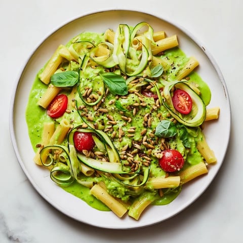 Bright green Vegan Green Goddess Pasta topped with fresh cherry tomatoes and toasted pine nuts.