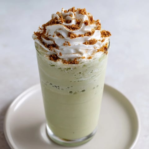 Frothy Sugar-Free Gingerbread Cookie Matcha Frappe, topped with whipped cream, ready to refresh!