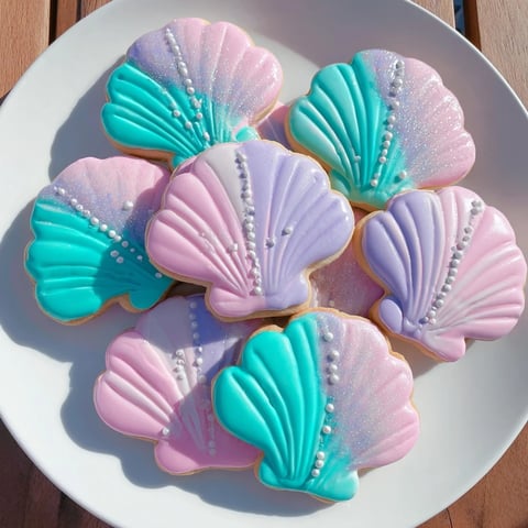 Shimmering Seashell Sweets: Pastel iced sugar cookies decorated with edible pearls evoke a beachy delight.