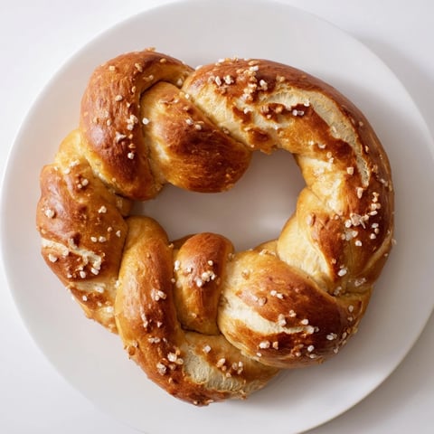 Golden, freshly baked Bretzels Anneau de Fête rings, sprinkled with coarse sea salt, ready to eat.
