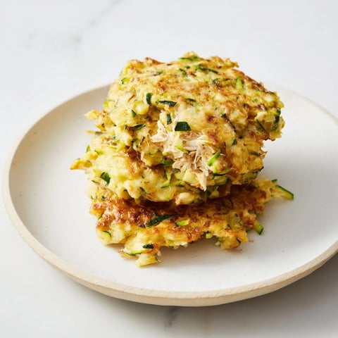 Golden-brown high-protein chicken zucchini fritters, crispy on the outside, and packed with chicken and herbs.