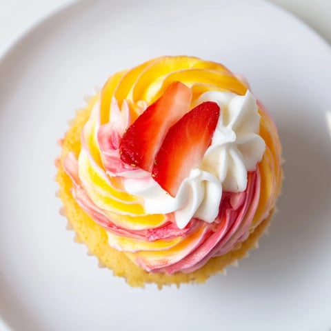 Golden cupcake topped with sunset swirl buttercream and fresh mango slices, a Mango Strawberry Sunset Cupcake.