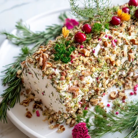 Festive Yuletide Log Cheese Centerpiece adorned with herbs and nuts, perfect appetizer for holidays.