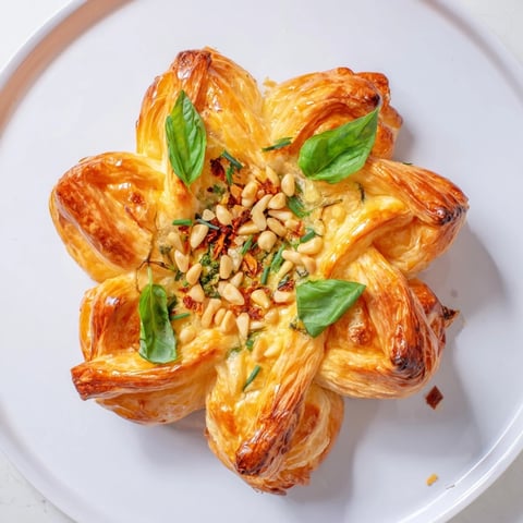 Golden-brown Poinsettia Puff Pastry Appetizer, a savory holiday treat with herbed cream cheese filling.