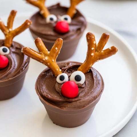 Charming chocolate reindeer pudding cups on a festive board, perfect for a holiday treat and family fun.