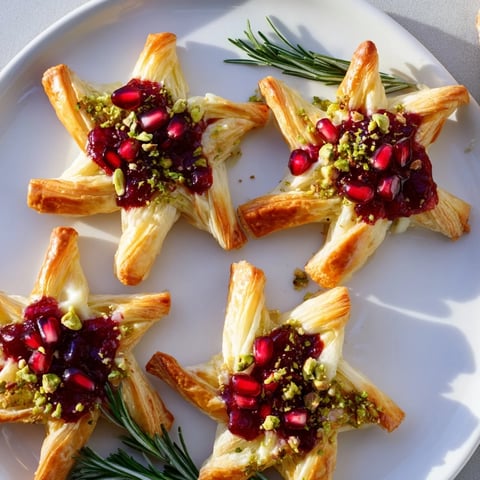 Golden, flaky Cranberry Christmas Star appetizer with juicy cranberries bursting from the center.