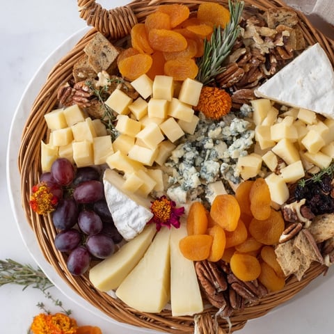 A vibrant Autumn Harvest Horn of Plenty overflowing with colorful dried fruits, nuts, and cheeses.