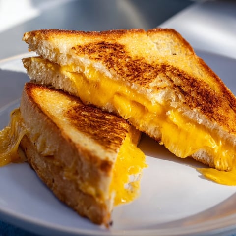 Melted Gruyère oozes from a Custard French Toast Grilled Cheese, golden brown and delicious.