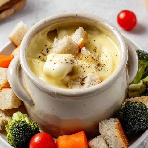 Warm, bubbling Swiss cheese fondue with crusty bread and crisp vegetables, ready for dipping.