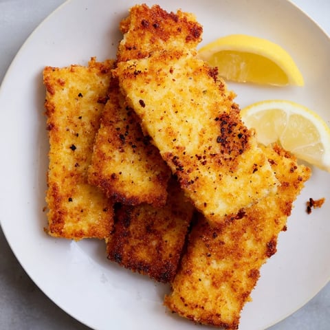 Golden, crispy panko halloumi slices served with bright lemon wedges and spicy hot sauce.