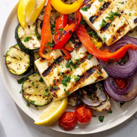 Golden-brown Grilled Halloumi Cheese Steak, layered with colorful grilled vegetables for a vegetarian feast.