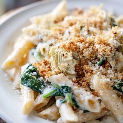 Golden-brown Artichoke Pasta Bake emerges from the oven, featuring penne pasta coated in creamy Parmesan sauce with spinach and artichoke hearts.  