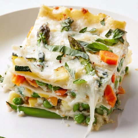 Layers of Spring Veggie Alfredo Lasagna with vibrant asparagus, peas, and zucchini nestled in creamy sauce.