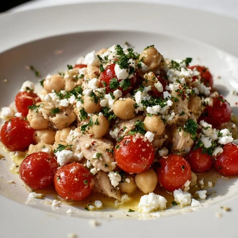 A vibrant Mediterranean Chickpea Chicken Salad with feta, olives, and fresh veggies on a rustic table.
