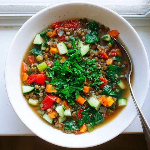A close-up photo of a steaming bowl of Lentil and Vegetable Soup, featuring tender lentils, diced carrots, and wilted spinach in a rich broth, garnished with fresh parsley.