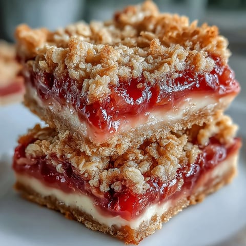 Golden-baked Rhubarb and Custard Crumble Bars with a buttery oat topping, layered with tangy rhubarb and creamy vanilla custard.