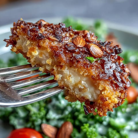 Golden-brown Almond-Crusted Chicken sizzling in a skillet, ready to serve alongside a vibrant kale and sumac salad.