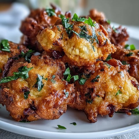 Golden brown Cauliflower Bhajis piled on a plate, served with a mint yogurt dip and fresh cilantro garnish.