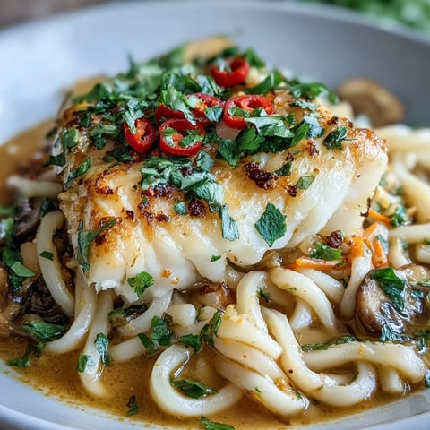 Silky udon noodles and tender poached cod rest in a fragrant spiced coconut broth, garnished with fresh herbs.