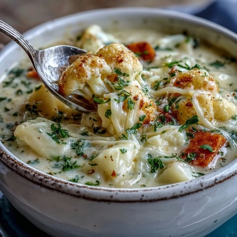 Creamy Vegetarian Cauliflower Chowder with melted cheddar, garnished with fresh parsley and served in a rustic bowl.