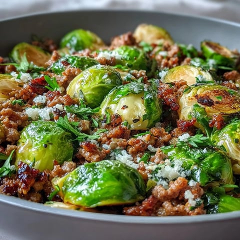 Golden brown Brussels sprouts and savory ground turkey sizzle together with aromatics in a skillet.