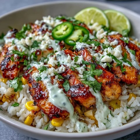 Warm Street Corn Chicken and Rice Bowls served with zesty crema and crumbled cotija.