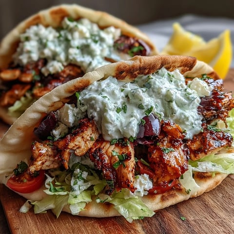 Golden-brown Mediterranean Chicken Gyros topped with creamy feta tzatziki, fresh lettuce, tomatoes, and Kalamata olives on warm pita bread.