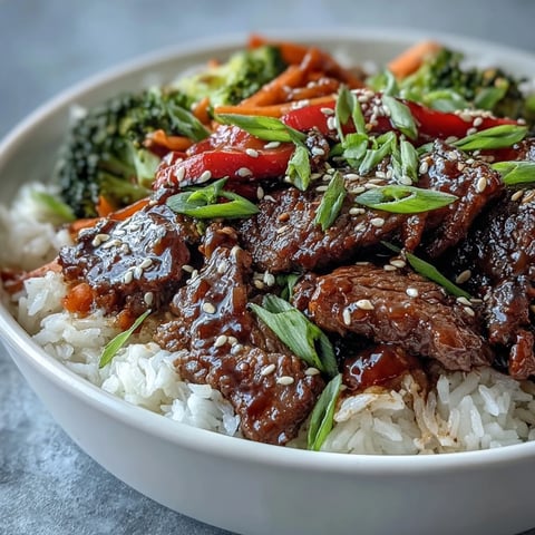 Steaming bowl of Teriyaki Beef Bowl with fluffy rice and sautéed vegetables, garnished with sesame seeds.