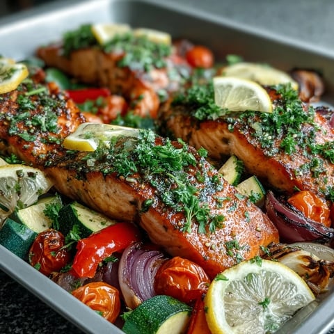 Golden roasted salmon fillets and colorful medley of vegetables sizzling on a sheet pan, ready for a quick weeknight dinner.