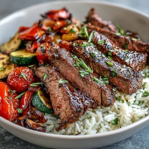 Golden-brown Sirloin steak and colorful roasted vegetables on fluffy rice, ready to eat from a single sheet pan.