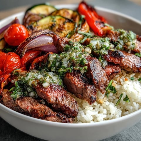 Perfectly grilled steak slices rest over fluffy white rice and vibrant roasted vegetables in a bowl, ready for chimichurri.