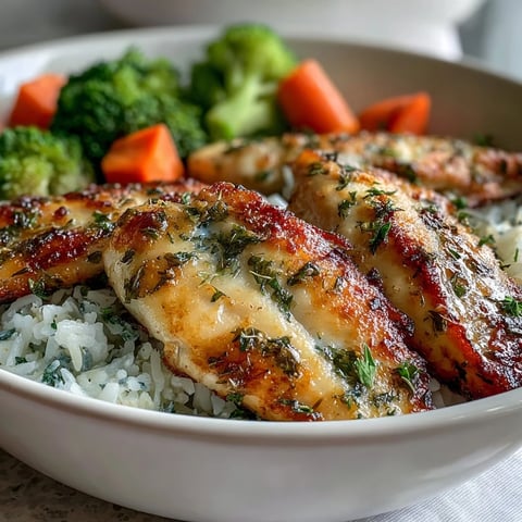 Golden herb-baked tilapia fillets rest on fluffy white rice with bright green broccoli and orange carrot slices.