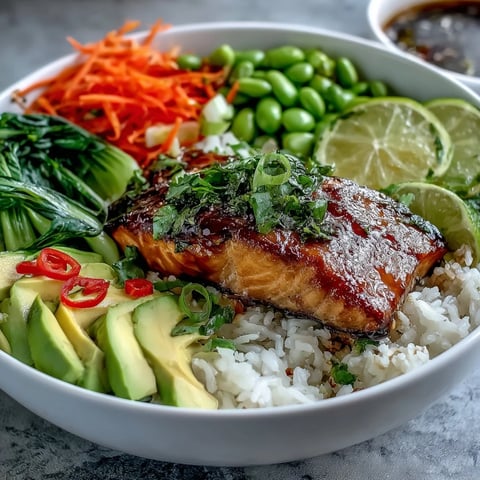 Flaky soy ginger glazed salmon with avocado and avocado atop fluffy rice in a vibrant bowl.