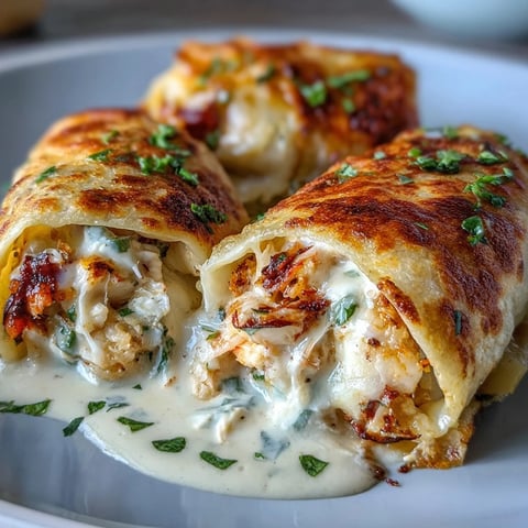 Golden-brown Cheesy Seafood Tortilla Bombs baked in creamy garlic sauce, served hot and bubbling.