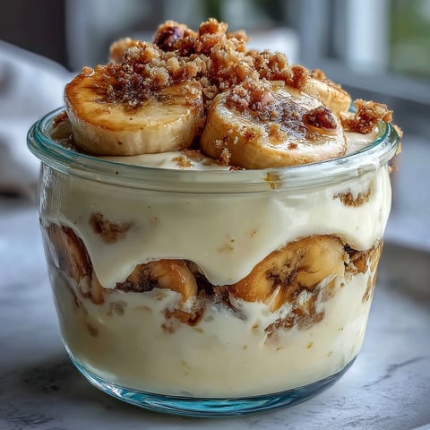 Creamy Protein Banana Pudding layered in a jar with crushed vanilla wafers and fresh banana slices.