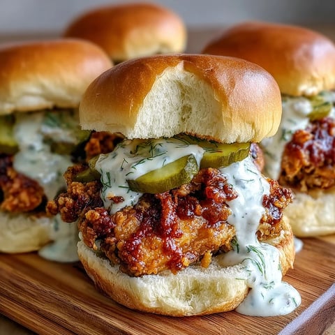 Golden-brown Nashville Hot Chicken Sliders sit on a platter, drizzled with creamy dill pickle aioli and stacked with pickle slices.