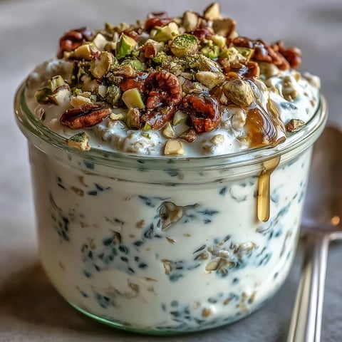 Thick and creamy pistachio overnight oats layered in a jar, topped with chopped pistachios and fresh berries for a protein-packed breakfast.