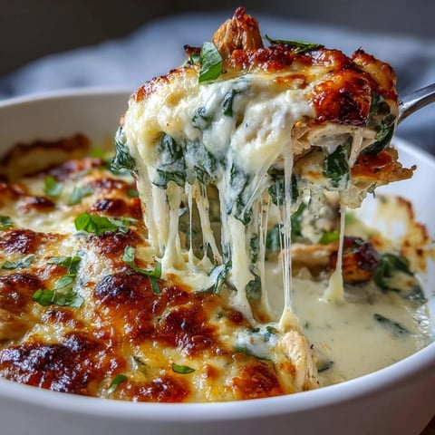 Golden-brown, bubbly cheese tops this creamy Chicken Spinach & Mushroom Low Carb Oven Dish, served hot from the oven.