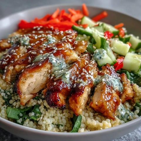 Freshly grilled chicken slices rest on fluffy pearl couscous, topped with crisp cucumber, carrots, and red peppers for this Sesame Ginger Chicken Couscous Bowl.