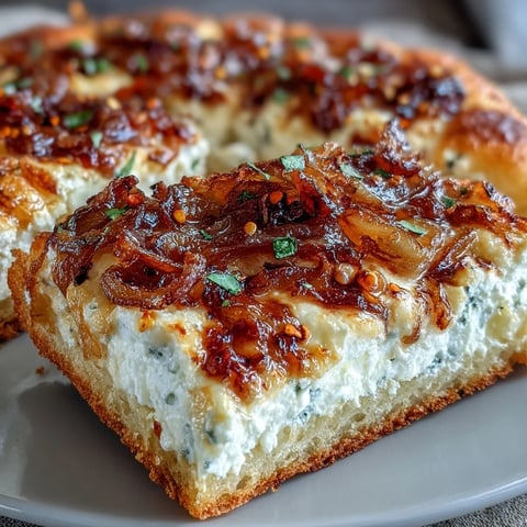 Golden-baked Goat Cheese & Caramelized Onion Flatbread topped with fresh arugula and drizzled honey.