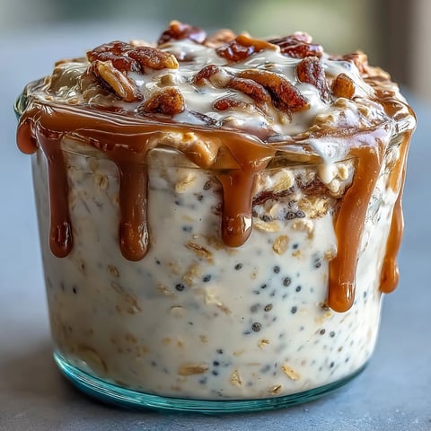 Overnight jar of High-Protein Cinnamon Roll Overnight Oats with a thick, creamy drizzle.