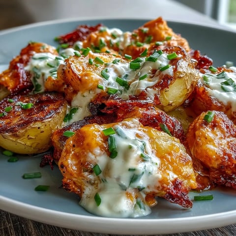 Buffalo Ranch Chicken Potato Bake bubbling with melted cheddar and zesty buffalo sauce from the oven.